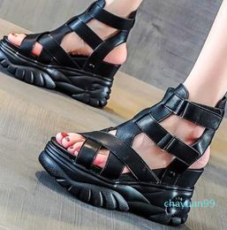 Sandals Punk Goth Gladiators Women Cow Leather Platform Wedge High Heel Gladiator Summer Ankle Boots