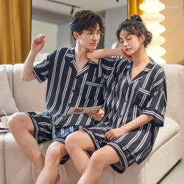 Women's Sleepwear Summer Male Female Loungewear Short Sleeve Shorts Couple Pyjamas Ice Silk Cardigan Lapels Solid Colour Home Clothes