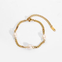Link Bracelets Korean Style 18K Gold Plated Stainless Steel Cuban Chain Freshwater Pearl Bracelet Fashion Jewellery For Women Girls