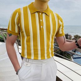 Men's Casual Shirts 2023 Yellow Slim Men Short Sleeve Summer Thin Shirt Streetwear Striped Polos T Cotton Business Clothing