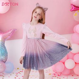 소녀의 드레스 Dxton 여자 스팽글 어린이 유니콘 프린트 드레스 긴 소매 생일 파티 유아 Tulle Princess 230814
