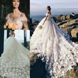Butterfly Cathedral Train Wedding Dresses 2020 Off Shoulder 3D Floral Beaded Princess Winter Beach Garden Bride Wedding Gowns245Q
