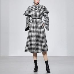 Women's Trench Coats 2023 Autumn And Winter Standing Collar Flare Sleeve Waist Wrapped Large Swing Thousand Bird Plaid Woolen Coat Removable