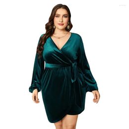 Plus Size Dresses WUHE Green Sexy Party Evening Women Velvet Long Sleeve Ruched Side Asymmetrical High Waist Bodycon Dress