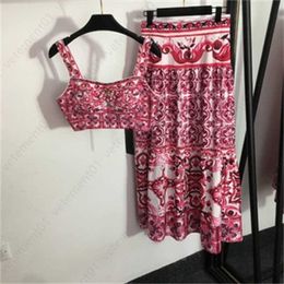 Summer Dress Two Piece Set Women Clothing Majolica Floral Vintage Print Smocked Camisole Top And High Waisted Pleated Half Skirt Sets Designer Skirts Suit 2 Q709