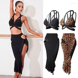 Stage Wear Sexy Latin Dance Clothes Women Black Practice Dress Bandage Leopard Fringe Skirt Samba Rumba Costume Salsa Dancewear