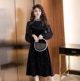 Casual Dresses Women Robe Clothing Spring Fashion Sexy Sheer Mesh French Black Long Elegant Party Dress Beaded Bling Velvet G461