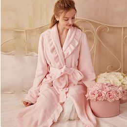 Women's Sleepwear Autumn Winter Women Sleepwear Flannel Robe Thicken Ruffle Pajamas.Lolita Lady Bathrobes Nightgown Robes Dressing Gown Loungewear 230812