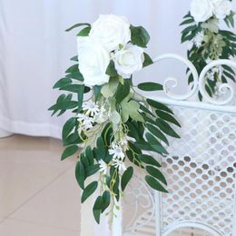 Decorative Flowers Wedding Chair Back Decoration Ceremony Artificial Rose With Green Leaves Ribbons For Church Party