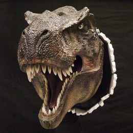 Decorative Objects Figurines Dinosaur Wall Mounted Sculpture 3D Wall Bursting Hanging Dinosaur Head Resin Dinosaur Head with Claws Home Decor 230814