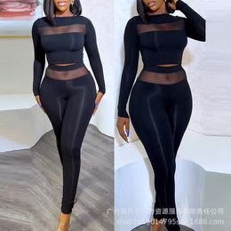 Women's Two Piece Pants Sheer Mesh Boat Neck Crop Top & Set Women Long Trousers Suits Tops Tights Black Pant Sets Casual Sexy 2023