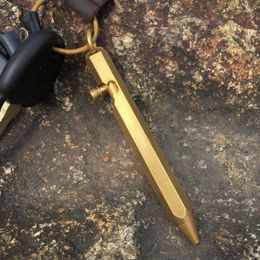 Handmade Mini Gun Shaped Brass Pen Solid Portable Pocket Copper Pendant Ballpoint Tactical Leather Key Chain Gift Set