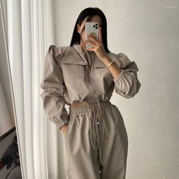 Women's Two Piece Pants WDMSNA Stand Collar Drawstring Waist Long Sleeve Coat High Loose Solid Colour Casual Sets Womens Outifits