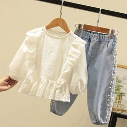 Clothing Sets Girls Fall Casual Set Korean Style Outfit Fashion Lace Tops Pearl Jeans Two Piece Kids Party Long Sleeve Cotton Suits 230814