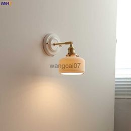 Wall Lamps IWHD Nordic Modern LED Wall Light Fixtures Ceramic Lampshade Knob Switch Bedroom Bathroom Mirror Japanese Style Wall Sconce HKD230814