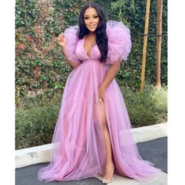 African Lilac Deep V-Neck Prom Dresses Sexy Ruffles Puffy Sleeves Evening Gowns Tulle Party Ball Gown Vestidos De 2024 328 328