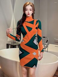 Casual Dresses Runway Fall French Colour Block Stripe Printing Knitted Sweater Tight Bottomed Luxury Elegant Women Chic Dress Vestido