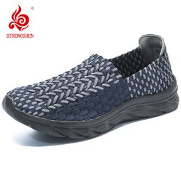 Dress Shoes STRONGSHEN Summer Men Handmade Casual Breathable Flats Shallow Woven Walking Slip On Loafers Zapatos De Mujer 230814