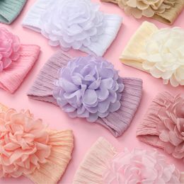 Grilled Edge Chiffon Large Flower Headband Baby Girls Bandeau Newborn Jacquard Cable Printed Elastic Wide Nylon Turban Headwrap