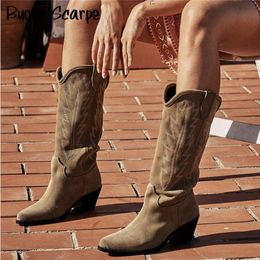 Boots Natural Suede Embroidered Women Boots Leather Handmade Pointed Toe Spike Heel Autumn Winter Boots Cowboy Western Retro Botas 230812