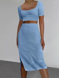 Work Dresses Sexy Knit Ribbed 2 Piece Bodycon Set Clubwear Party Outfits For Women Crop Tops And Slit Skirts High Waist Night Club Sets