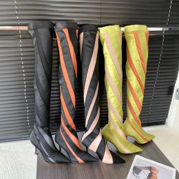 Mugler 100mm zweifarbige Trikots-Mesh-Socken Oberschenkelstiefel an Elastizier Zellen Stiletto Heeled Strick überknee-hohe Stiefel Frauen Luxusdesigner Schuhe Fabrikschuhschuhe