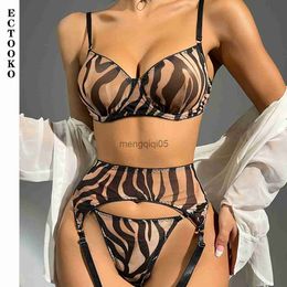 Sexy Set ECTOOKO 2023 New Mesh See Through Sexy Leopard Lingerie 3 Piece Garter Belt Thong Set HKD230814