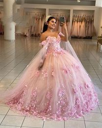 2023 Pink Quinceanera Dresses Ball Gown Off Shoulder Lace Appliques 3D Floral Flowers Corset Back Dress Sweet 16 Vestido De 15 Anos Quinceanera