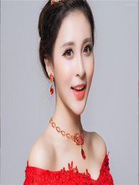 Necklace Earrings Set Bridal Headdress Red Two-piece High-grade Electroplated Alloy Jewellery For Woman