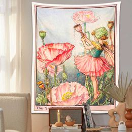 Tapestries Flower Fairy Tapestry Wall Hanging Pink Girl Tapestries Illustration Living Room Bedroom Wall Decor