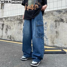 Men's Jeans High Street Vintage Washed Oversize Wide Leg Denim Pants Drape Grunge Workwear Big Pocket Baggy Cargo