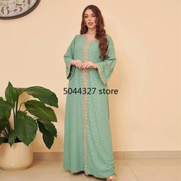 Ethnic Clothing Autumn Muslim Women Long Sleeve V-neck Green White Abaya Dress287b
