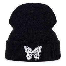 Beanie/Skull Caps Butterfly Embroidery Beanie Hat New Unisex Winter Hats Women Men Solid Autumn Beanies Knitted Hats Skullcap Hip Hop Wool Hats