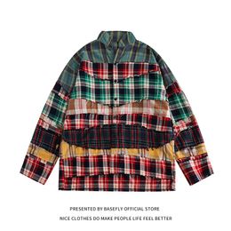 Men s Casual Shirts Spring and Autumn Plaid Multi color Patchwork High Streetwear Women Long Sleeve Unisex Men Couple T Shirt Chic 230814