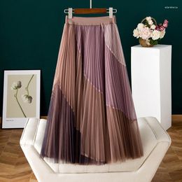 Skirts Neophil 2023 Summer Women Mesh Tulle Midi Patchwork A-Line Pleated Ladies Voile Gauze Folds Swing Skirt Saia Longa S21304