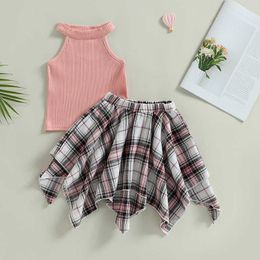 Clothing Sets 2023-04-10 0-5Years Toddler Baby Girl 2Pcs Summer Clothing Set Pink Vest Top Irregular Plaid Skirts 2Pcs Suit