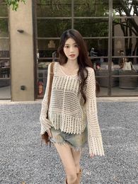 Women's Sweaters Vintage Hollow Out Long Sleeve Pullovers Women 2023 Summer Thin Knitwears V-Neck Sunscreen Loose Tops Female Solid Casual