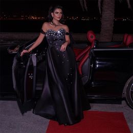 Vintage Black Crystal Evening Dresses Strapless Rhinestone A Line Celebrity Dress With Detachable Train Satin Formal Wear 326 326