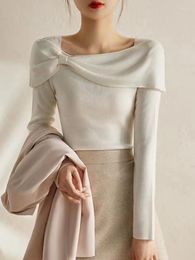 Women's Sweaters Fashion Bow Knit Sweater Women Slash Neck Long Sleeve Top Korean Womens Clothing Pullovers Autumn Winter Ropa De Mujer