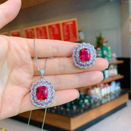 Necklace Earrings Set EYIKA Vintage Silver Colour Imitation Ruby Royal Blue Zircon Jewellery Flower Pendant Ring Luxury Bride Wedding Party