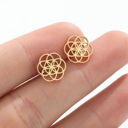 Stud Jisensp Creative Fashion Flower of Life Earrings Geometric Circle Stainless Steel Jewellery for Women Friendship Gift 230814