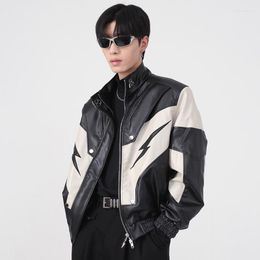 Men's Jackets Jacket Wear Autumn Winter High Stand Collar Shoulder Padded PU Leather Coat 2023 Contrast Color Fashion