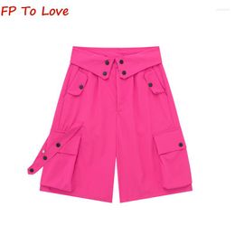 Women's Shorts Y2K 2023 Summer Design Dopamine Stereoscopic Multi-Pockets Flutter Belt Loose High Waist Pink Pants Cargo