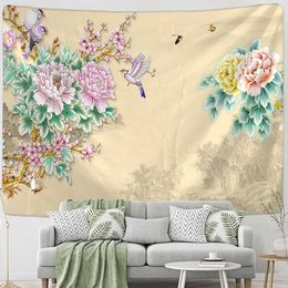 Tapestries Flower And Bird Ink Painting Tapestry Wall Hanging Antique Hippie Tapiz Aesthetic Room Home Decor Background Cloth