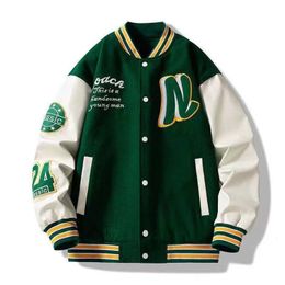 Men's Jackets Embroider Letters N Men Varsity Bomber Jacket Oversize Vintage Y2k Baseball Coats Women Leather Sleeve Green Autumn Outerwear 230812