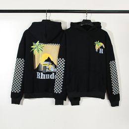 Men s Hoodies Sweatshirts Rhude Summer Coconut Tree Plaid Print Loose Relaxed Autumn Winter Hoodie For Men And Women 230814