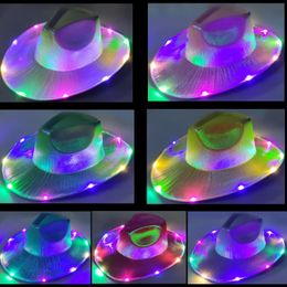 LED Colourful Light Up Cowboy Hats Neon Cowgirl Hat Holographic Rave Fluorescent Hats With Adjustable Windproof Cord For Halloween Costume Accessories