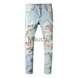 Men's Jeans Men's High Quality Tie Dye Bandana Streetwear Fashion Light Indigo Distressed Stretch Slim Fit Damaged Holes Skinny Jeans J230814