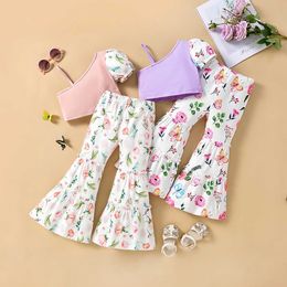 Clothing Sets Trend Children's Girls' Clothing Set Puff Sleeves Suspender Top and Flare Bottoms Set Summer Sleeveless Shirts Flower Trousers