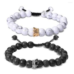 Strand Trendy Black White Stone Beads With Gold Silver Color Alloy Crown Bracelet For Women Men Couple Bangles Jewelry